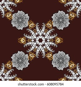 Ornate decoration. Vector illustration. Damask golden floral pattern on a brown background with white doodles.