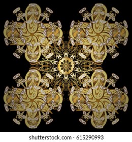 Ornate decoration. Vector illustration. Damask floral pattern on a golden background with doodles.