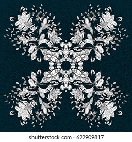 Ornate decoration. Vector illustration. Damask floral pattern on a blue and white background with doodles.