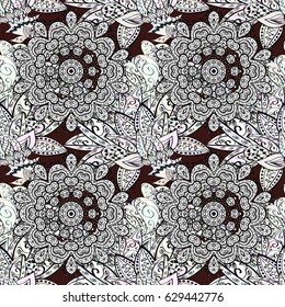 Ornate decoration. Vector illustration. Damask white abstract flower seamless pattern on brown background.