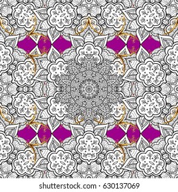Ornate decoration. Vector illustration. Damask golden floral pattern on a magenta background with white doodles.