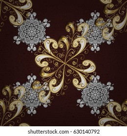 Ornate decoration. Vector illustration. Damask golden floral pattern on a brown background with white doodles.