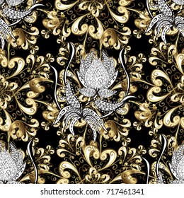 Ornate decoration. Vector illustration. Damask golden floral pattern on a black, white and beige colors with white doodles.