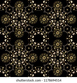 Ornate decoration. Vector vintage baroque floral seamless pattern in gold. Luxury, royal and Victorian concept. Golden pattern on a black, brown and yellow colors with golden elements.