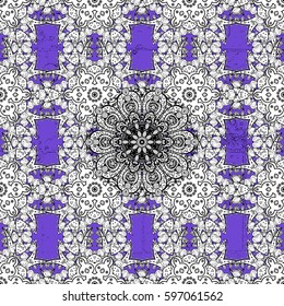 Ornate decoration. White pattern on violet background with white elements. Luxury, royal and Victorian concept. Vector vintage baroque floral pattern in blue.