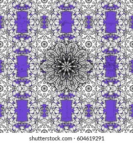 Ornate decoration. White pattern on violet background with white elements. Luxury, royal and Victorian concept. Vector vintage baroque floral pattern in blue.