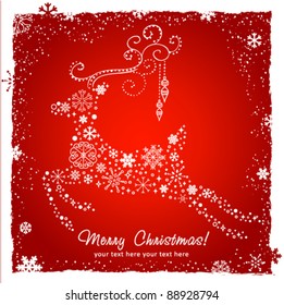 Ornate decorative Christmas deer card made of snowflakes on red winter background. Vector illustration