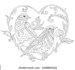 ornate decorative couple birds sitting branch  looking in one direction  romantic outline drawing vintage floral ornament in the shape heart for your coloring book
