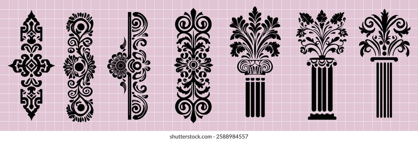 Ornate decorative designs with intricate patterns and floral motifs. Black and white ornamental elements, featuring classic and elegant styles on a pink grid background. Element vector set.