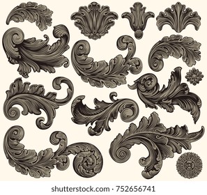 Ornate decorative elements. Design set. Hand drawn engraving. Vector vintage illustration. Isolated on light background. 8 EPS