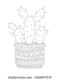 ornate decorative flowerpot with growing Opuntia cactus houseplant for your coloring book