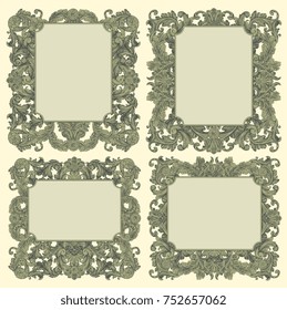 Ornate decorative frames. Design set. Hand drawn engraving. Vector vintage illustration. Isolated on light background. 8 EPS