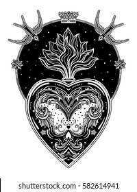 Ornate decorative heart with flame. Vintage gothic style inspired art. Vector illustration isolated. Tattoo design, trendy romance symbol for your use.

