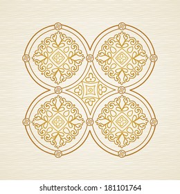 Ornate decorative illustration. Pattern in east style. Golden decor. It can be used for decorating of wedding invitations, greeting cards, decoration for bags and clothes.