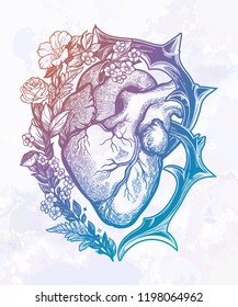 Ornate decorative naturalistic heart in a frame of flowers and thorns.Vintage gothic style inspired art. Vector illustration isolated. Tattoo design, trendy romance symbol for your use.