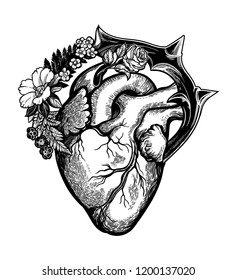 Ornate decorative naturalistic heart in a frame of flowers and thorns.Vintage gothic style inspired art. Vector illustration isolated. Tattoo design, trendy romance symbol for your use.