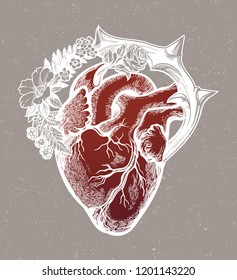 Ornate decorative naturalistic heart in a frame of flowers and thorns.Vintage gothic style inspired art. Vector illustration isolated. Tattoo design, trendy romance symbol for your use.