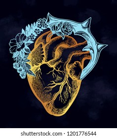 Ornate decorative naturalistic heart in a frame of flowers and thorns.Vintage gothic style inspired art. Vector illustration isolated. Tattoo design, trendy romance symbol for your use.