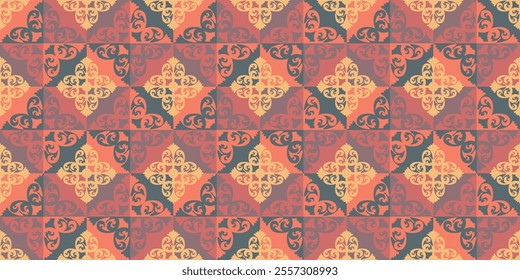 Ornate decorative pattern with vintage tile design. Seamless abstract background in warm tones featuring symmetrical motifs.