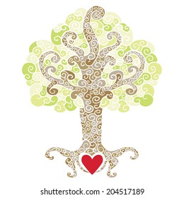Ornate decorative tree with a heart symbol at its roots. 