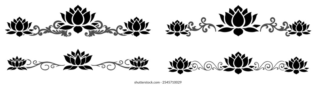 ornate decorative vintage lotus frames and scroll elements. Classic calligraphy swirls, swashes, dividers. Good for greeting cards, wedding invitations, restaurant menu, royal certificates.