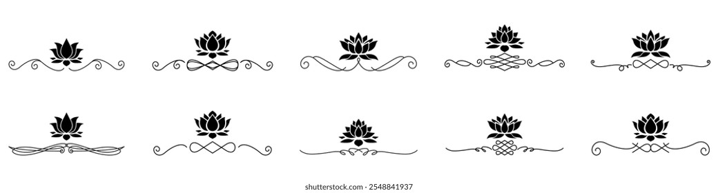ornate decorative vintage lotus frames and scroll elements. Classic calligraphy swirls, swashes, dividers. Good for greeting cards, wedding invitations, restaurant menu, royal certificates.