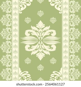 Ornate Decorative Wallpaper with Green and Beige Motifs. Pattern design for use as wallpaper, textiles, wrap, carpet, decorative illustration.