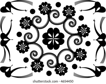 Ornate, deco-style vector scroll-work wide background with heart shapes.