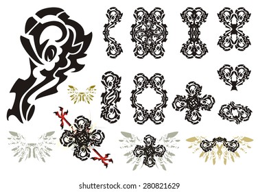 Ornate design elements. Decorative  tribal elements: frames, crosses, double floral symbols and other