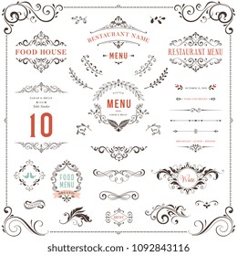 Ornate design elements set. Table numbers, wedding and restaurant menu templates. Vector flourishes, scrolls, frames.