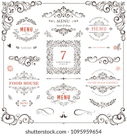 Ornate design elements set. Table numbers, wedding and restaurant menu templates. Vector flourishes, scrolls, frames.