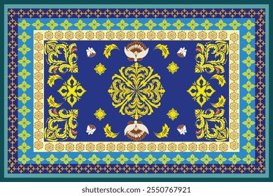 Diseño ornamentado con patrones florales dorados sobre un fondo azul profundo, bordeado con intrincados detalles geométricos y acentos decorativos, que derrochan elegancia y arte cultural