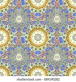 Ornate design for wallpaper. Traditional arabic decor on a beige background. Ornamental lace tracery. Vintage multicolored elements in Eastern style. Vector seamless pattern with multicolor ornament.