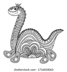 Ornate dinosaur patterns. Vector illustration in zentangle style. Hand-drawn monochrome design elements. Coloring book page antistress.