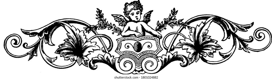 Ornate divider with a cherub at the center, surrounded by fancy swirls, repeated designs, floral decorations on a horizontal frame, vintage line drawing or engraving illustration.