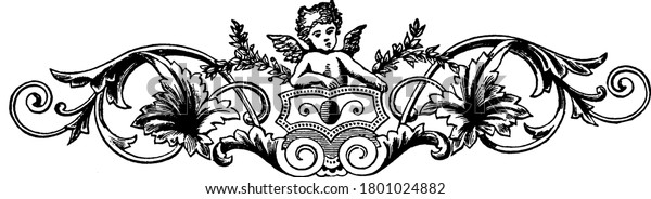 Ornate divider\
with a cherub at the center, surrounded by fancy swirls, repeated\
designs, floral decorations on a horizontal frame, vintage line\
drawing or engraving\
illustration.