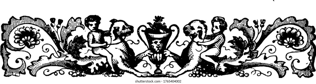 Ornate divider with a cherub riding on an animal on each side, and the two animals foot touching a trophy like structure at the center, vintage line drawing or engraving illustration.