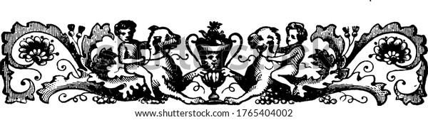 Ornate\
divider with a cherub riding on an animal on each side, and the two\
animals foot touching a trophy like structure at the center,\
vintage line drawing or engraving\
illustration.