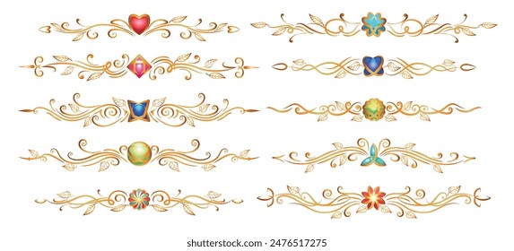 Ornate divider set. Decorative retro boarders gem jewel golden elements isolated illustration