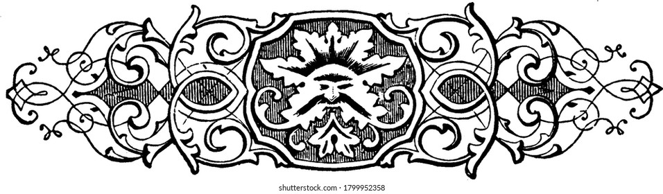Ornate divider with a shield containing a man's face with big moustache, at the center, repeated designs, and floral decorations on horizontal frame, vintage line drawing or engraving illustration.