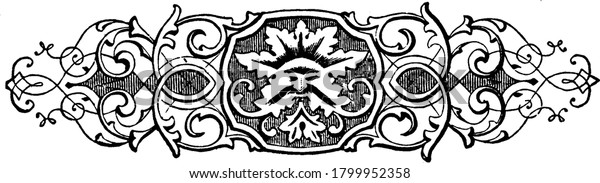 Ornate divider with a shield containing a\
man\'s face with big moustache, at the center, repeated designs, and\
floral decorations on horizontal frame, vintage line drawing or\
engraving illustration.