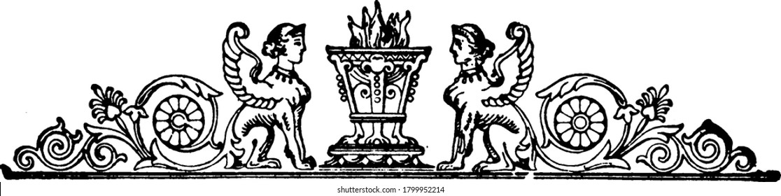 Ornate divider with sphinx, repeated designs, and floral decorations on horizontal frame, vintage line drawing or engraving illustration.