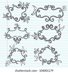 Ornate doodle labels in a cartoon style, on lined notebook sheet Each label is clearly placed on its own layer for easy editing. Write your own message or invitation.