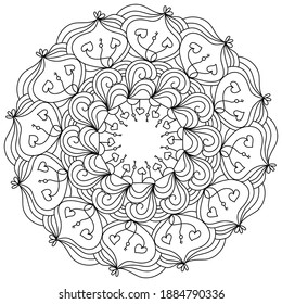 Ornate doodle mandala with hearts and key, anti stress coloring page with curls and loops for valentine's day vector illustration