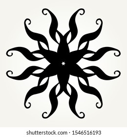 Ornate doodle round rosette in black over white backgrounds. Mandala formed with hand drawn calligraphic elements.