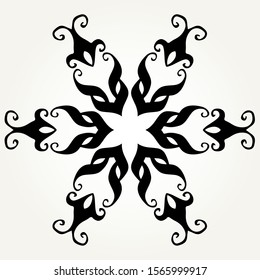 Ornate doodle round rosette in black over white backgrounds. Mandala formed with hand drawn calligraphic elements.