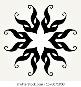 Ornate doodle round rosette in black over white backgrounds. Mandala formed with hand drawn calligraphic elements.