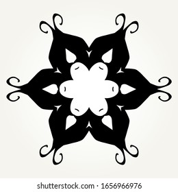 Rosette redondo de doodle de color negro sobre fondo blanco. Mandala se formó con elementos caligráficos dibujados a mano.