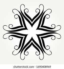 Ornate doodle round rosette in black over white backgrounds. Mandala formed with hand drawn calligraphic elements.