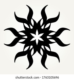 Ornate doodle rosette alrededor de fondo negro sobre blanco. Mandala se formó con elementos caligráficos dibujados a mano.